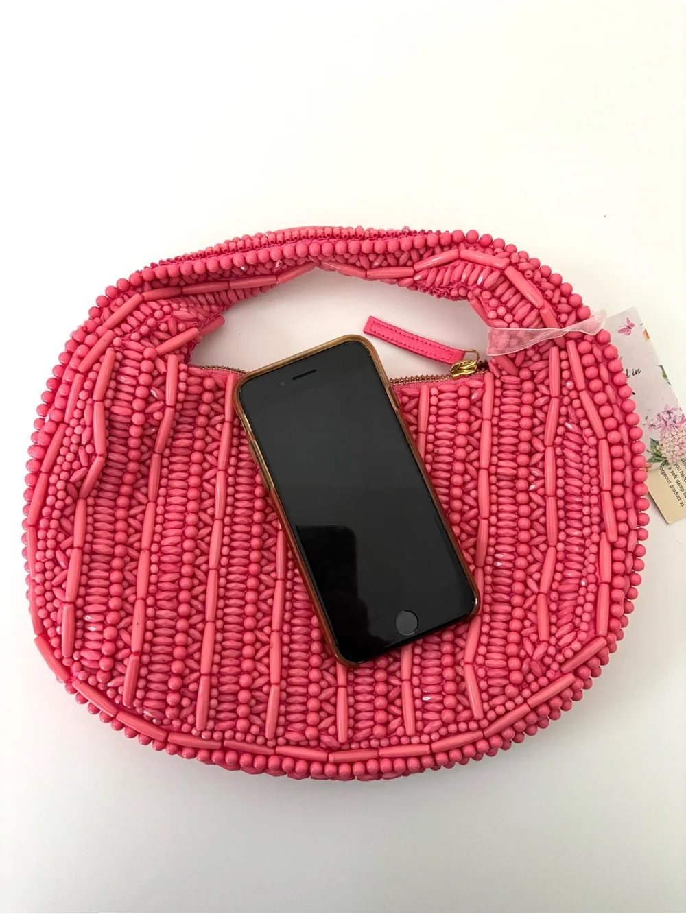 Handcrafted In India Pink Beaded Hobo Handbag NWT Half-Round Zipper Closure